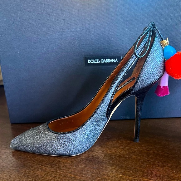 NEW Dolce & Gabbana DG Grey Raffia & Snakeskin Cutout Pointed Toe Heels EU 37 - Picture 5 of 12